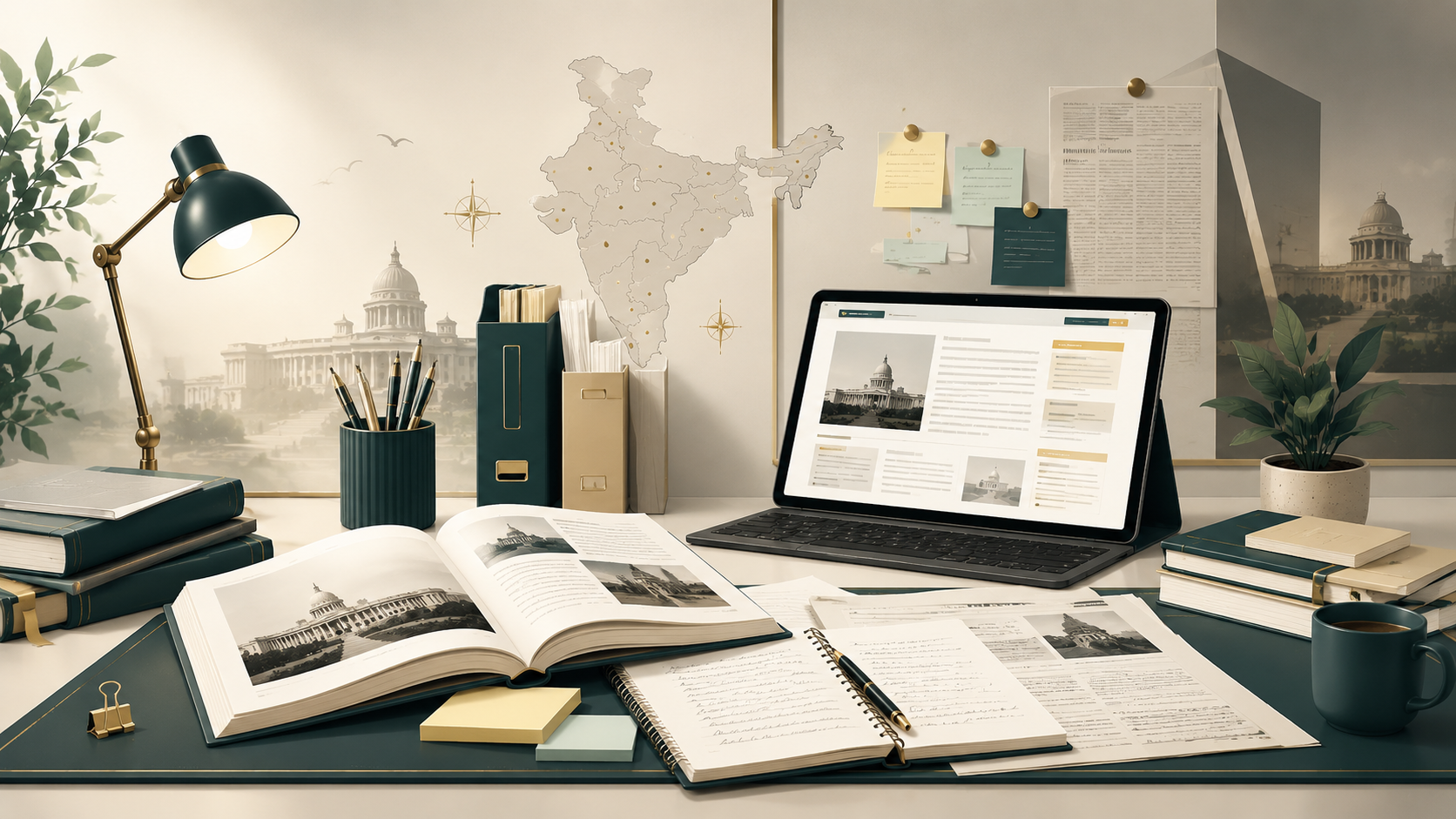 UPSC preparation desk with books, notes, and digital articles