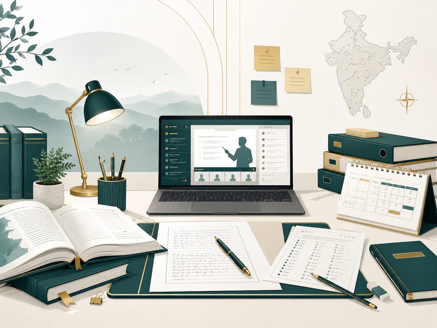 UPSC preparation ecosystem with books, laptop, calendar and answer-writing material